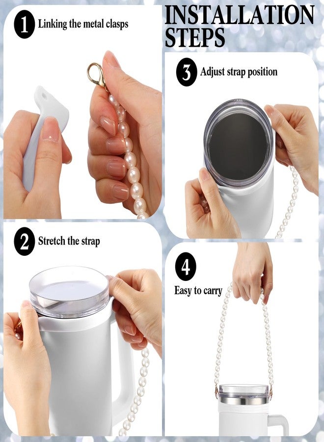 SiliFine 2 Pcs Silicone Water Bottle Handle Holder with Pearl Strap Compatible with Stanley Cup Accessories Sling Water Bottle Carrier Holde Fits Most 8-40 oz Tumbler Gift for Woman (White) - Image 5